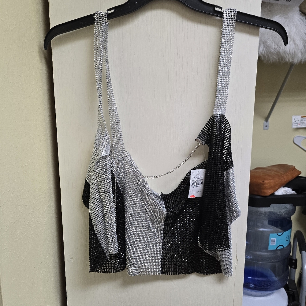 Fashion Nova Silver and Black Rhinestone Crop Top
